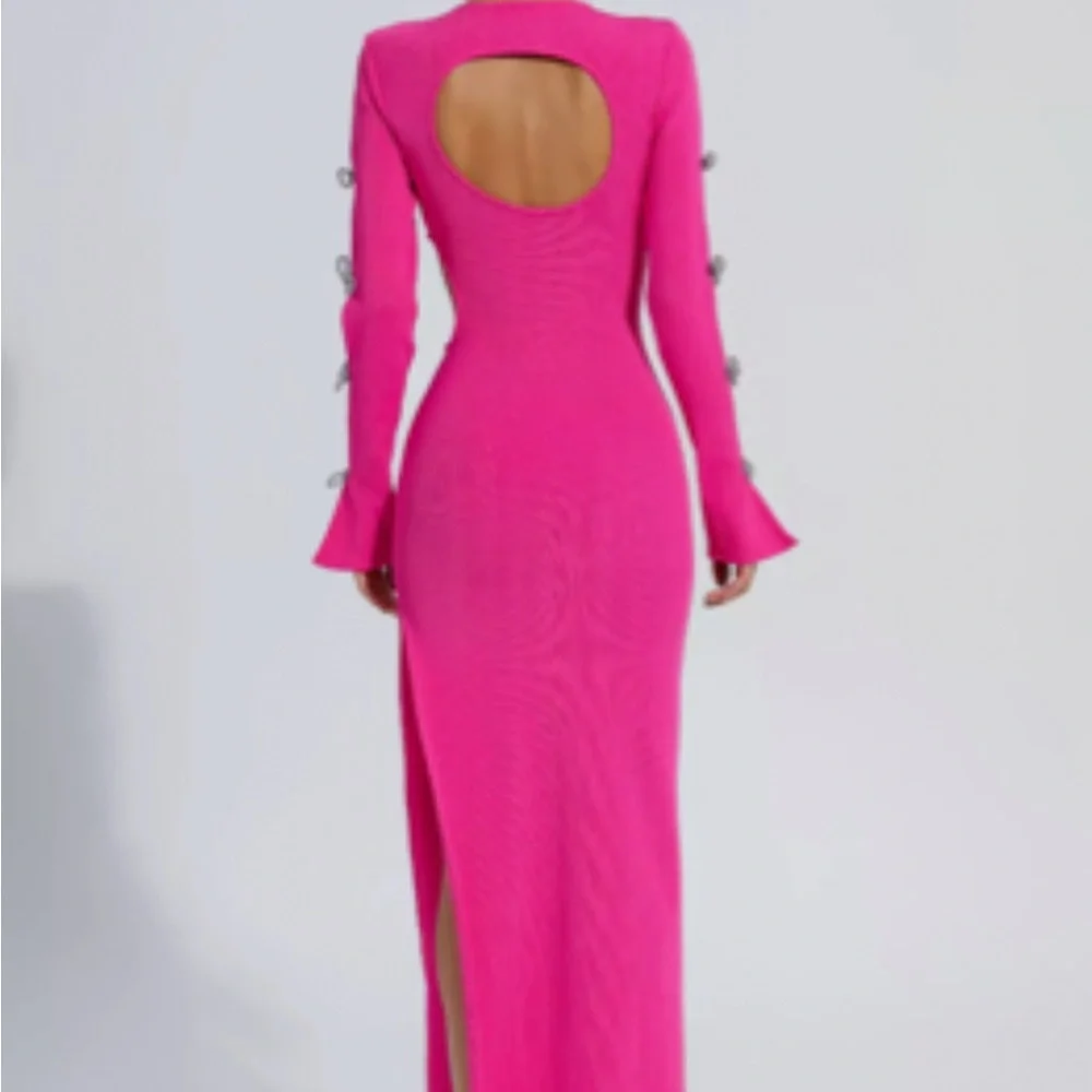 Silver Rhinestone Bow Cutout Sleeve Pink Dress - Picture 3 of 6